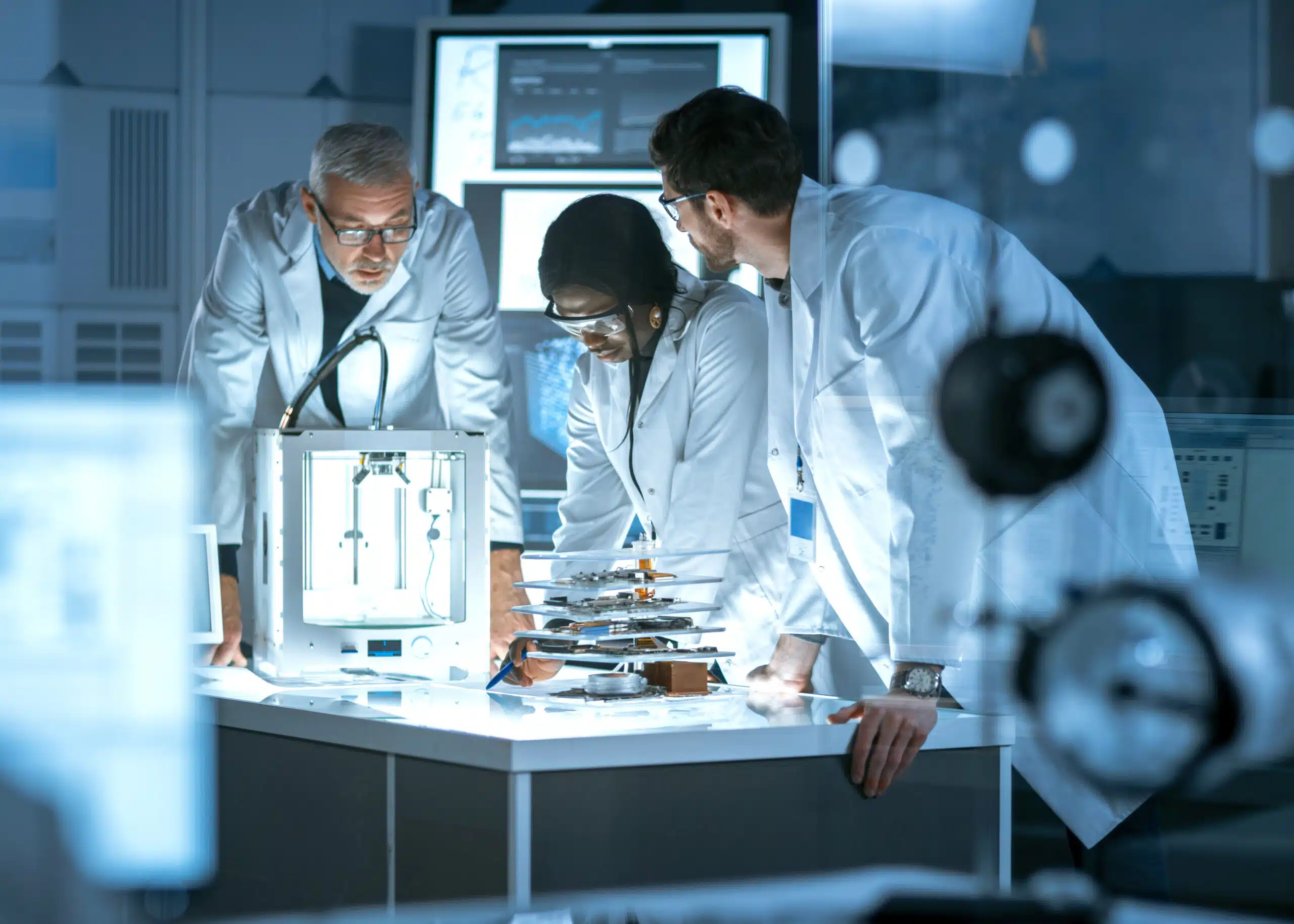 Three workers in lab coats collaborating on an Out of Specification (OOS) investigation on a table.