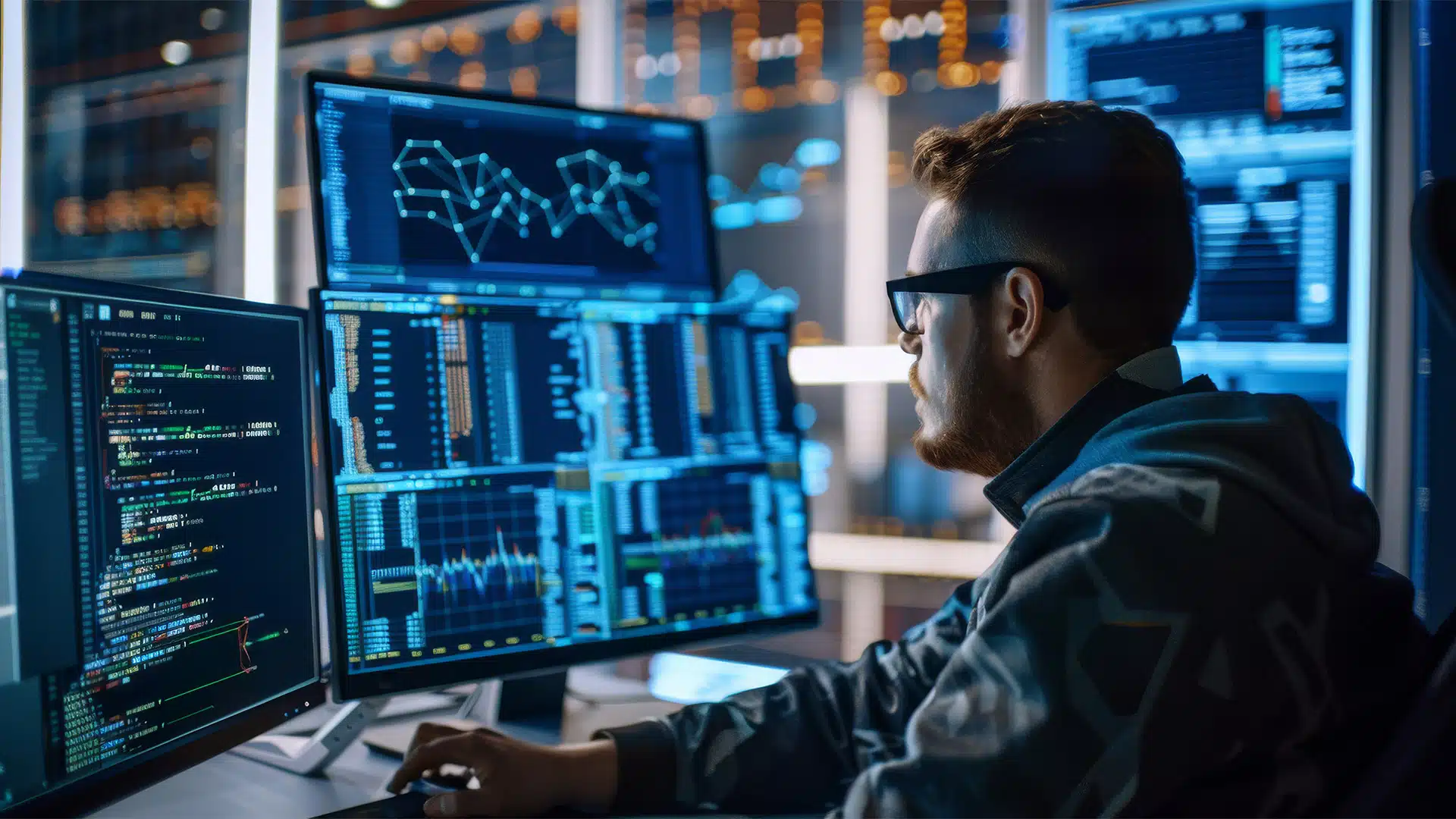 A man looking at monitors showing data